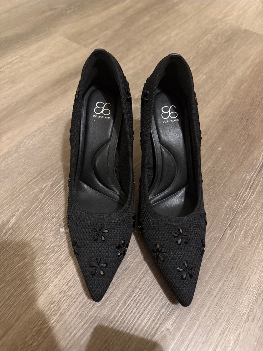 Cozy Island Women's Black Pointed Toe Floral Knit Heels